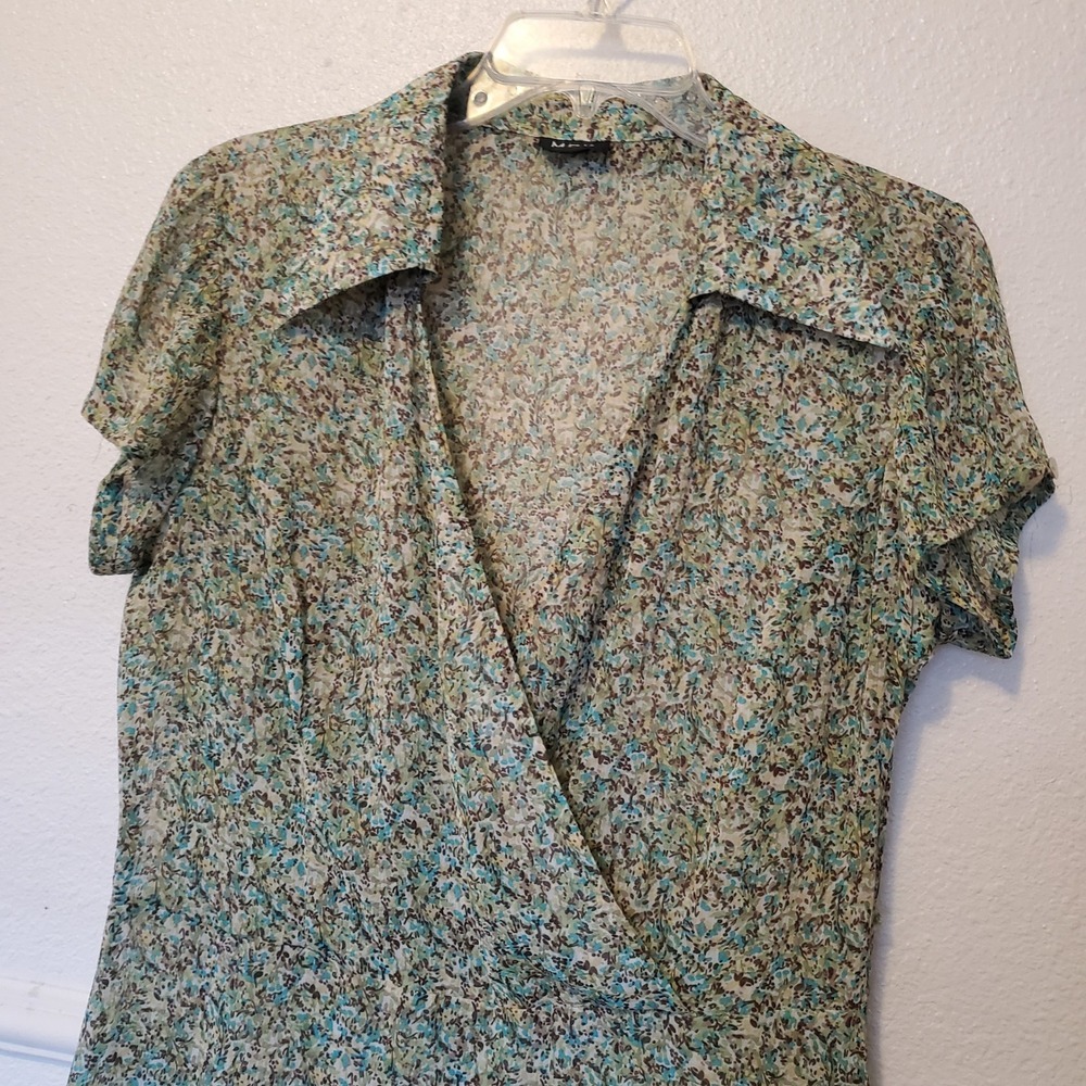 M.S.K. Floral Wrap V-Neck Midi Dress Green Teal Short Sleeve Ruffle Hem Womens - Picture 2 of 14